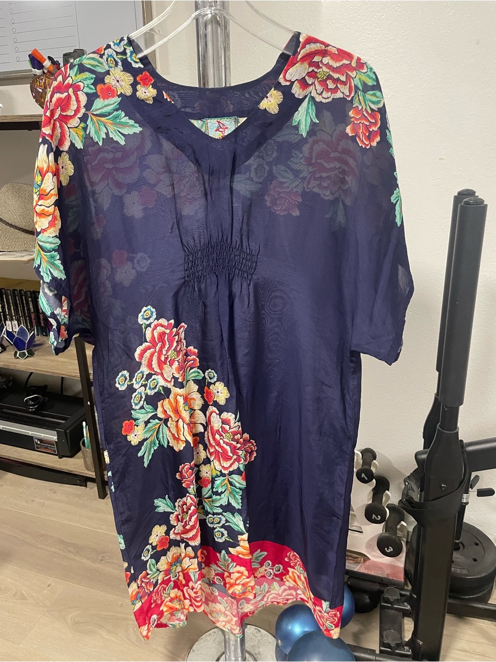Johnny Was Navy Floral Midi Dress with Red and Green Accents